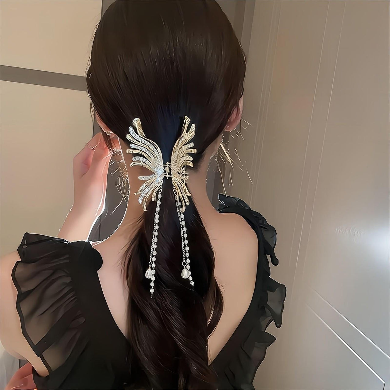 Geometric CZ Inlaid Pearl Chain Tassel Butterfly Chignon Claw Clip Hair Clip - ArtGalleryZen