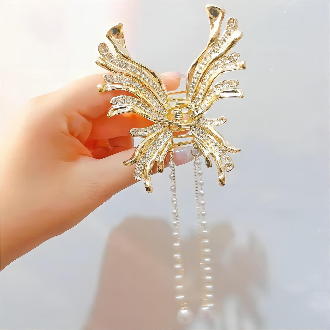 Geometric CZ Inlaid Pearl Chain Tassel Butterfly Chignon Claw Clip Hair Clip - ArtGalleryZen