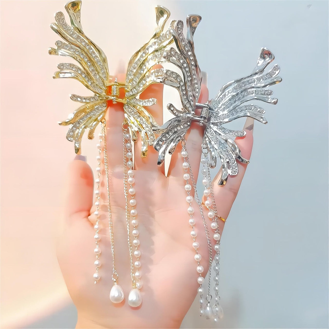 Geometric CZ Inlaid Pearl Chain Tassel Butterfly Chignon Claw Clip Hair Clip - ArtGalleryZen