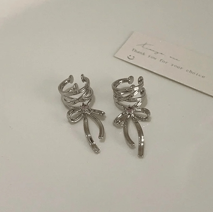 Geometric CZ Inliad Ribbon Bowknot Ear Wrap Earrings - ArtGalleryZen