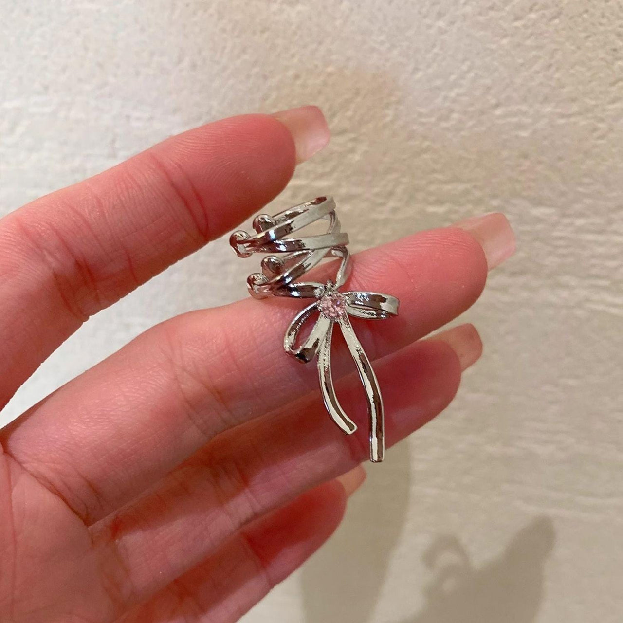 Geometric CZ Inliad Ribbon Bowknot Ear Wrap Earrings - ArtGalleryZen