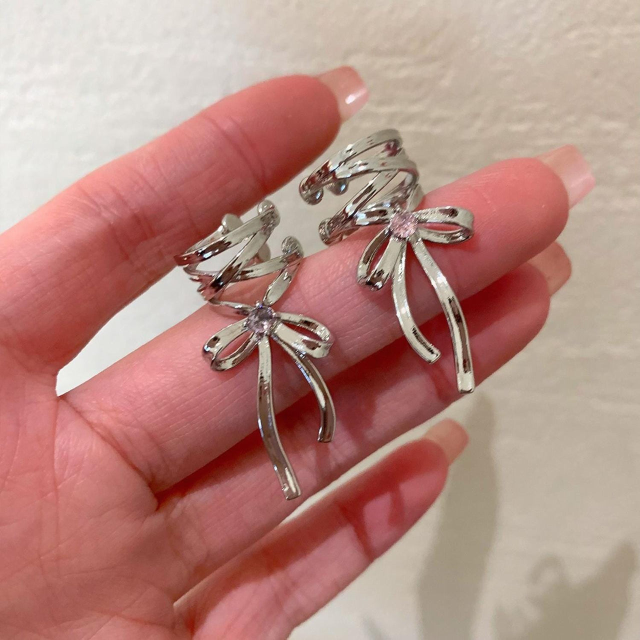 Geometric CZ Inliad Ribbon Bowknot Ear Wrap Earrings - ArtGalleryZen