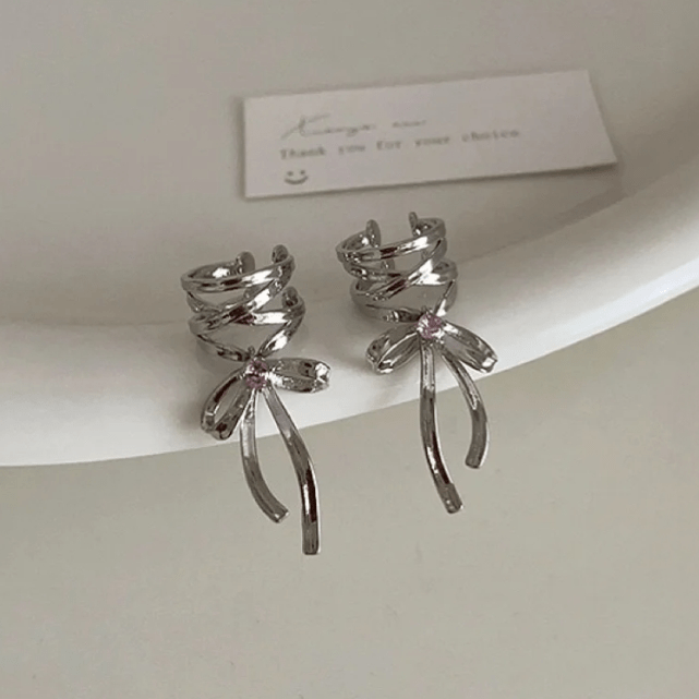 Geometric CZ Inliad Ribbon Bowknot Ear Wrap Earrings - ArtGalleryZen