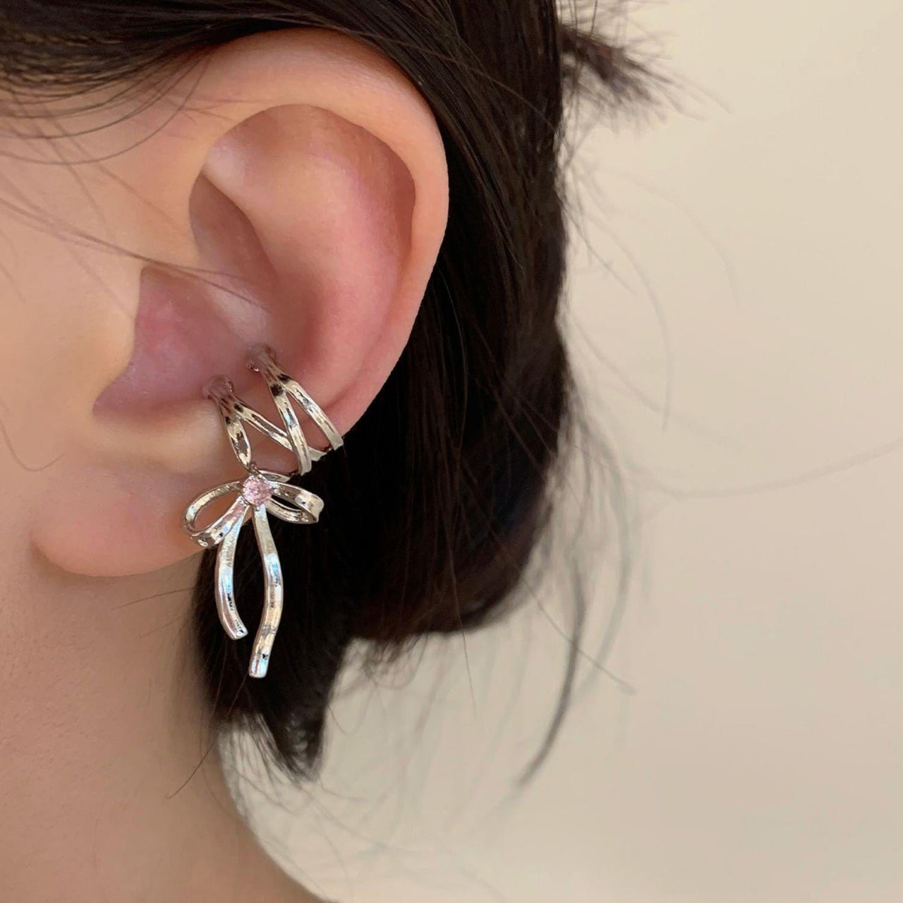 Geometric CZ Inliad Ribbon Bowknot Ear Wrap Earrings - ArtGalleryZen