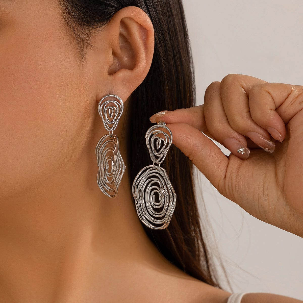 Geometric Dangling Spiral Oval Stud Earrings