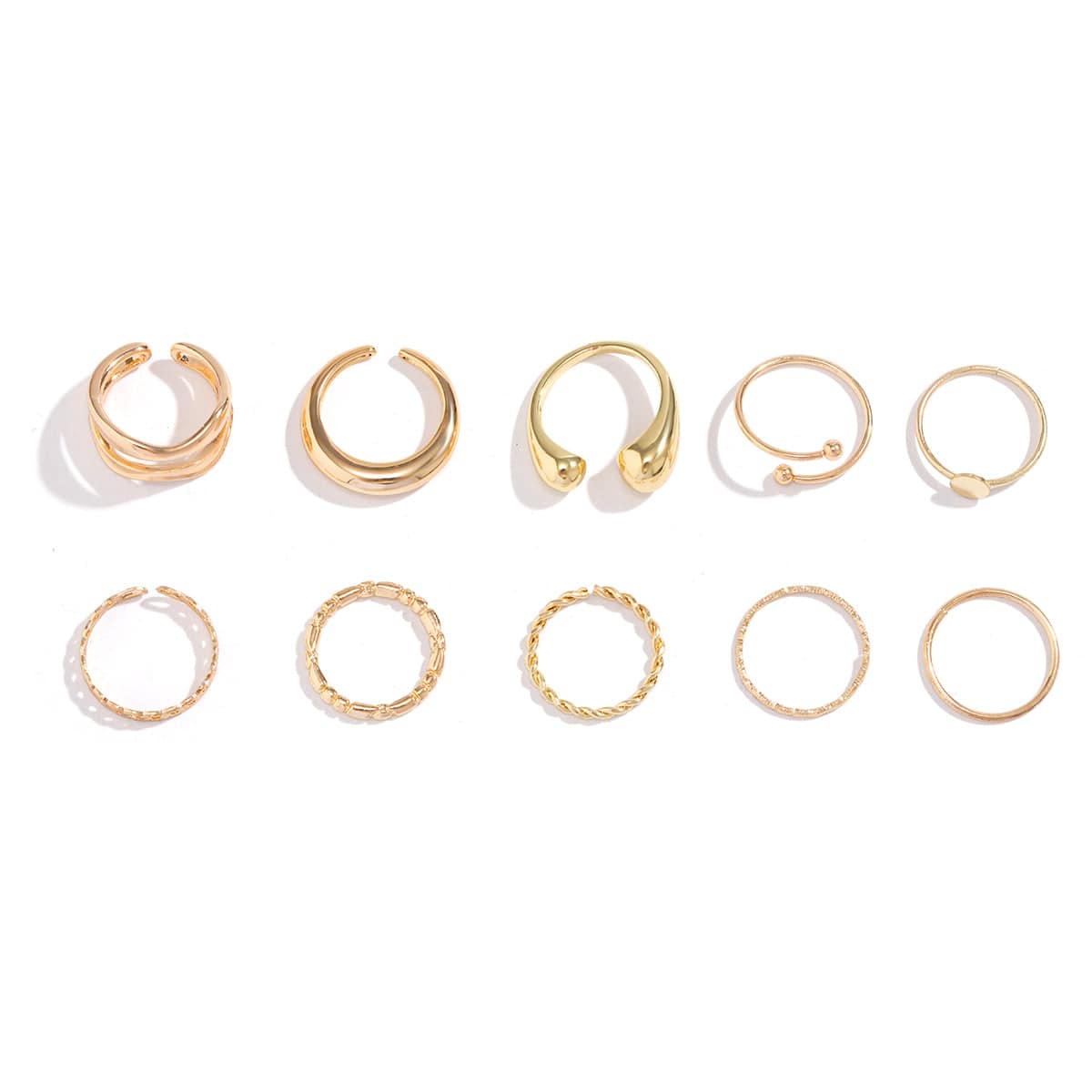 Geometric Gold Plated Twisted Waterdrop Round Disk Ball Open Ring Set - ArtGalleryZen