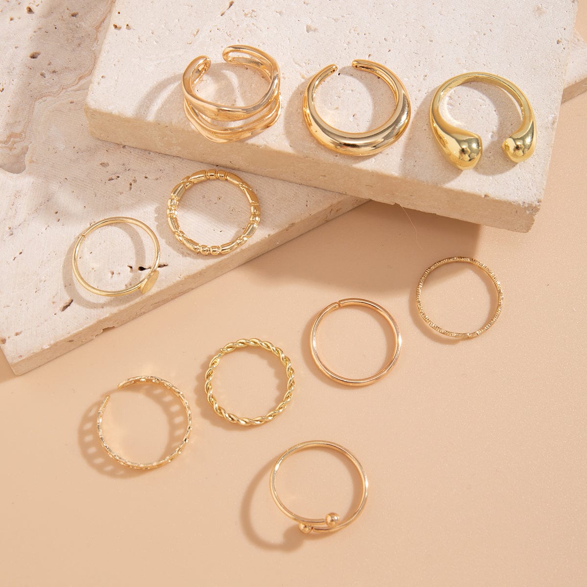 Geometric Gold Plated Twisted Waterdrop Round Disk Ball Open Ring Set - ArtGalleryZen