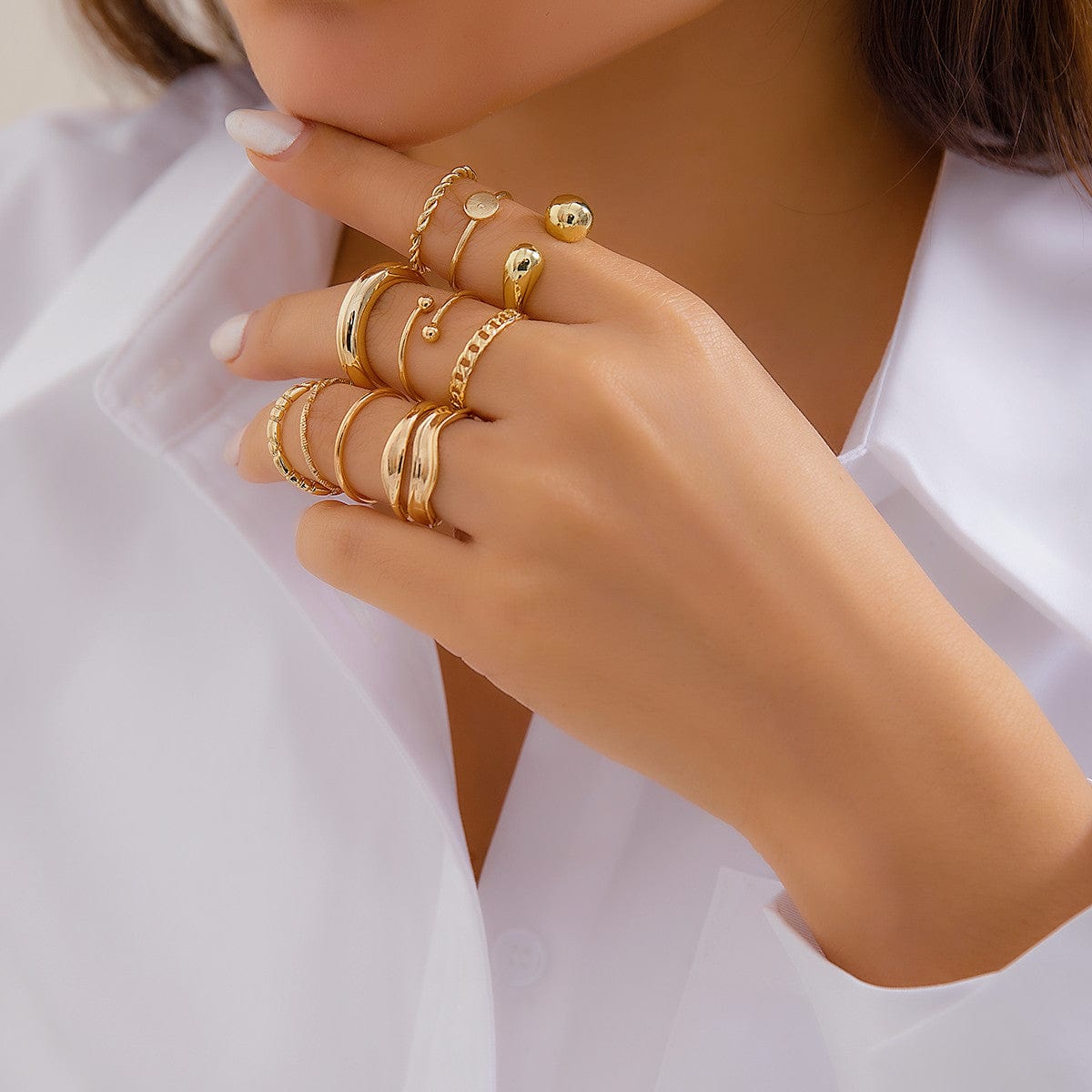 Geometric Gold Plated Twisted Waterdrop Round Disk Ball Open Ring Set - ArtGalleryZen
