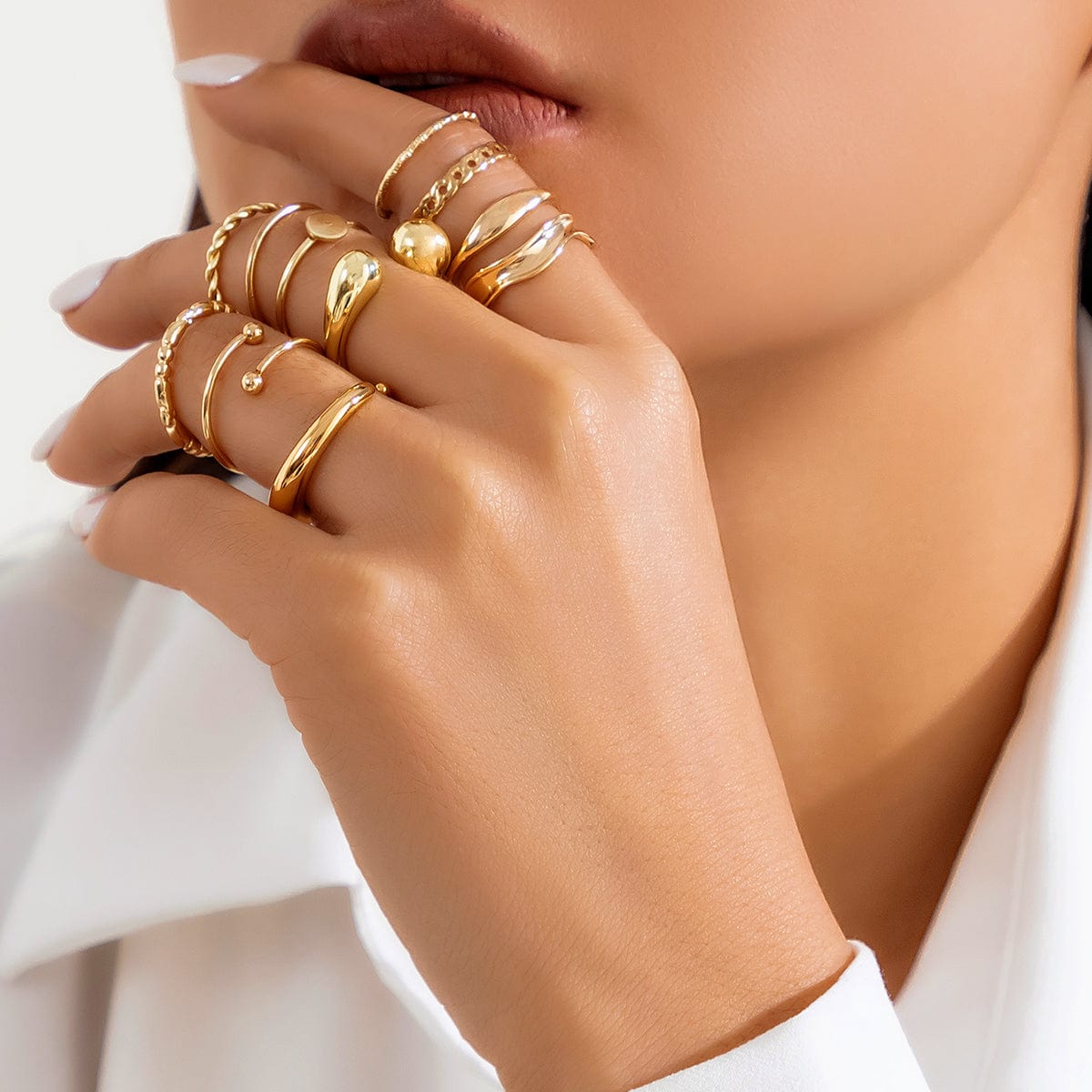 Geometric Gold Plated Twisted Waterdrop Round Disk Ball Open Ring Set - ArtGalleryZen