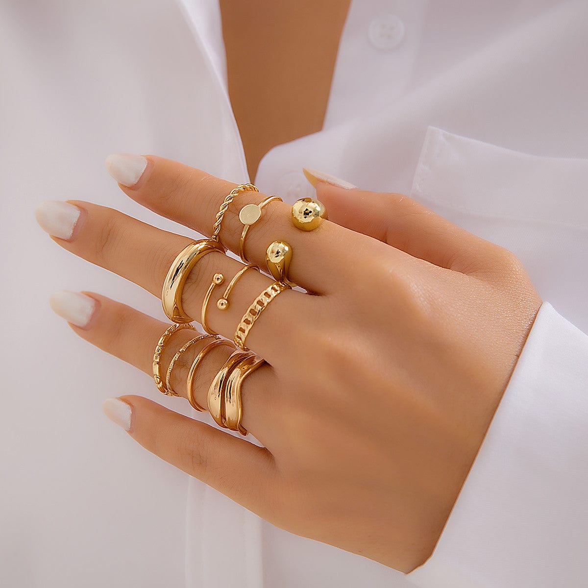 Geometric Gold Plated Twisted Waterdrop Round Disk Ball Open Ring Set - ArtGalleryZen