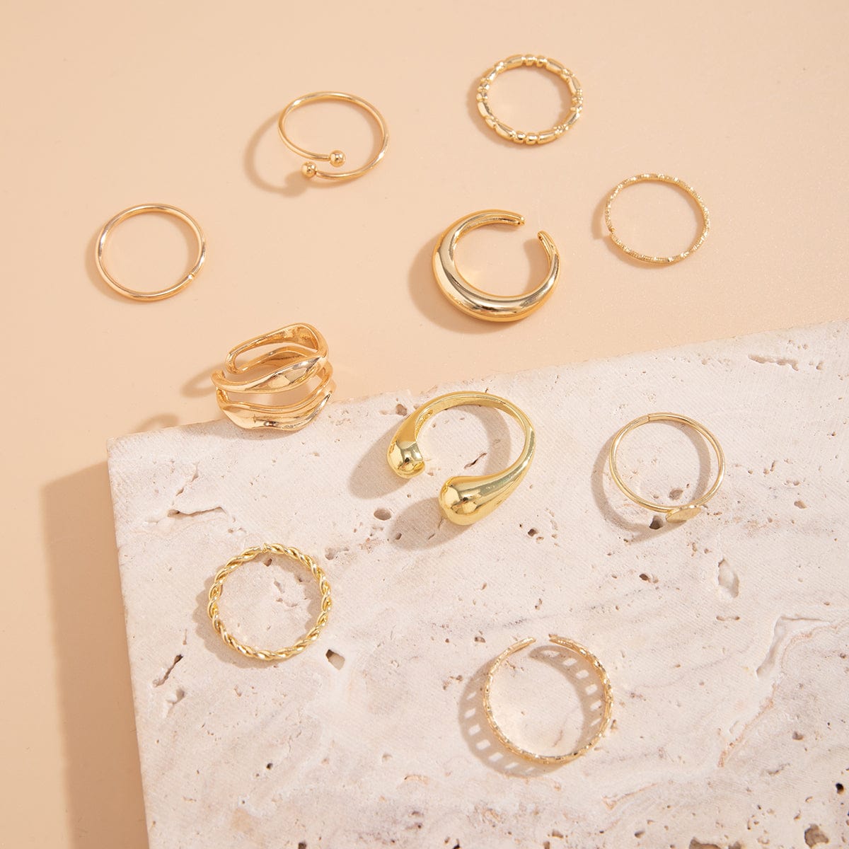 Geometric Gold Plated Twisted Waterdrop Round Disk Ball Open Ring Set - ArtGalleryZen