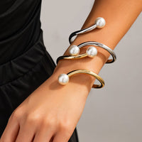 Thumbnail for Geometric Gold Silver Plated Pearl Open Bangle Bracelet