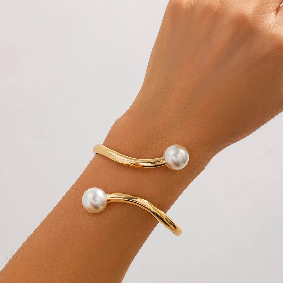 Geometric Gold Silver Plated Pearl Open Bangle Bracelet