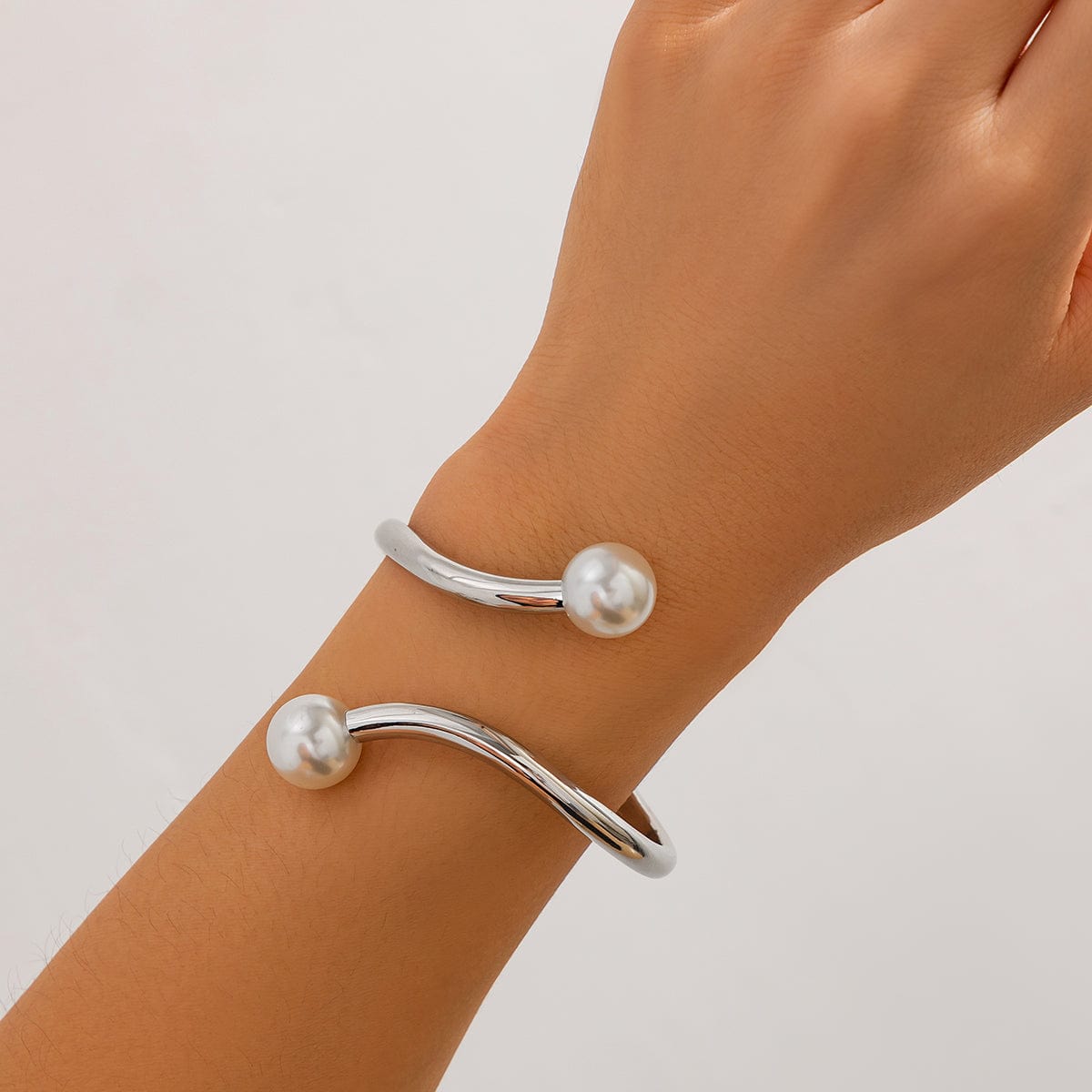 Geometric Gold Silver Plated Pearl Open Bangle Bracelet