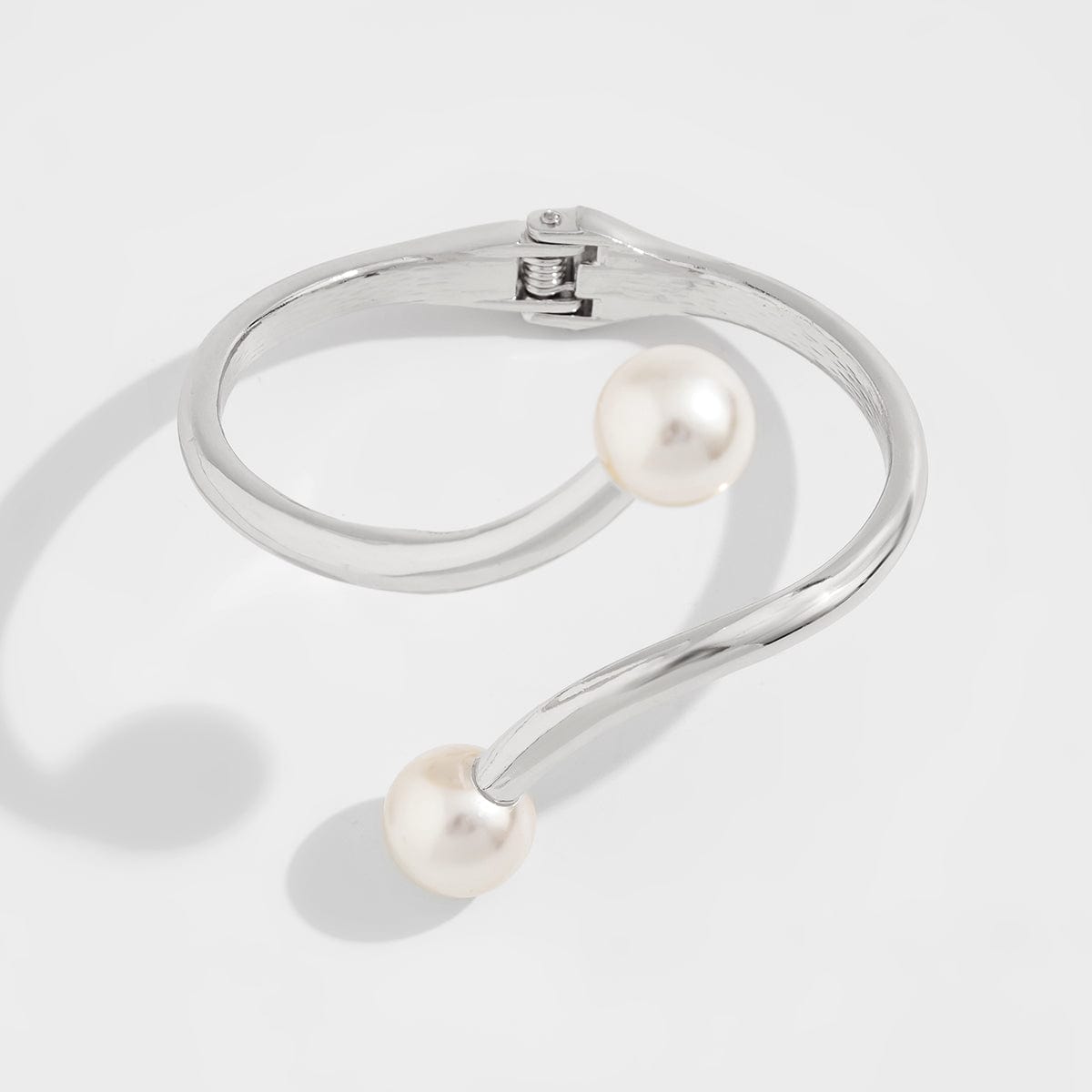 Geometric Gold Silver Plated Pearl Open Bangle Bracelet