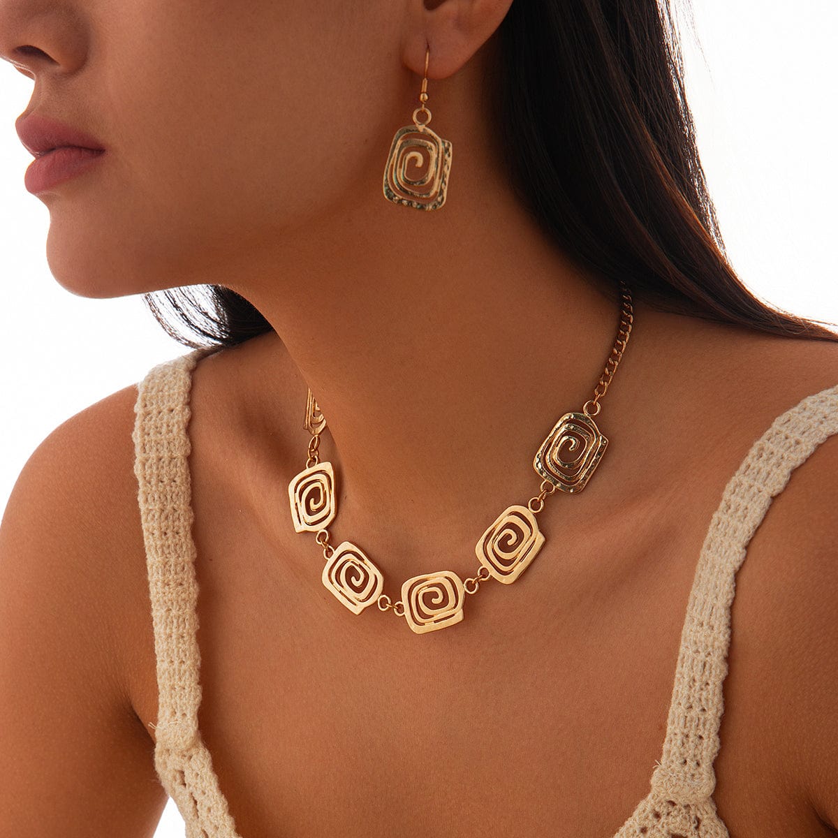 Geometric Gold Silver Plated Spiral Square Earrings Necklace Set