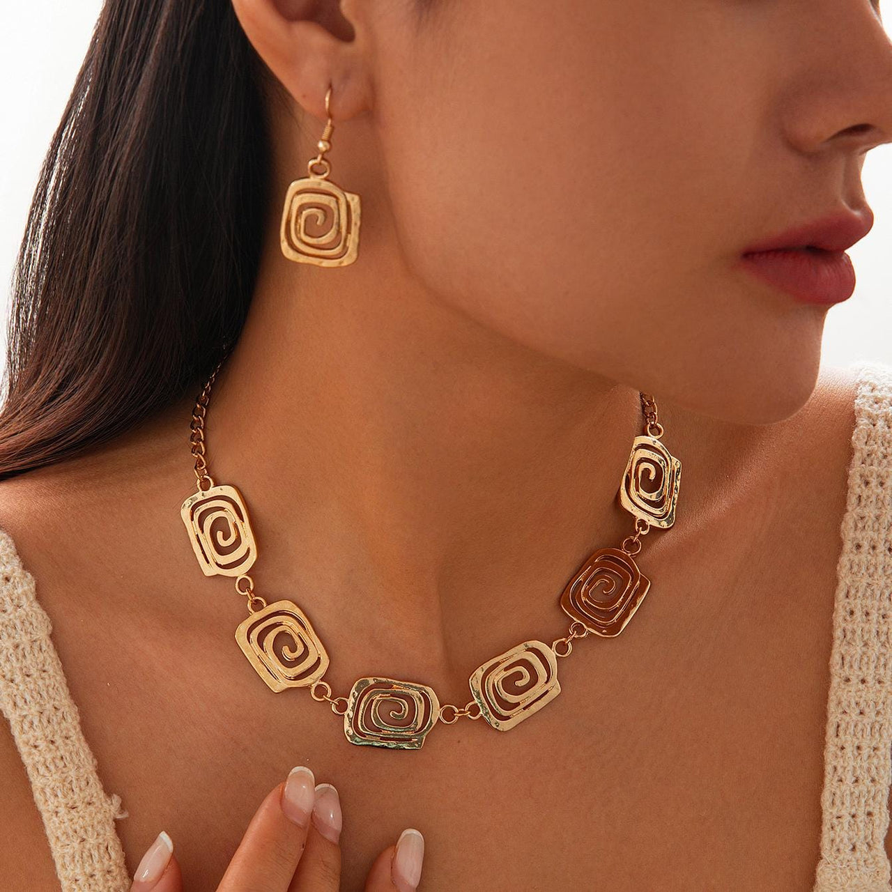 Geometric Gold Silver Plated Spiral Square Earrings Necklace Set