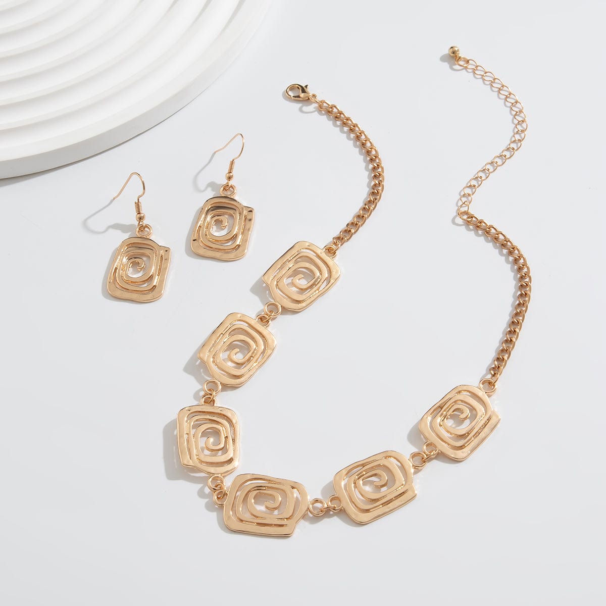 Geometric Gold Silver Plated Spiral Square Earrings Necklace Set