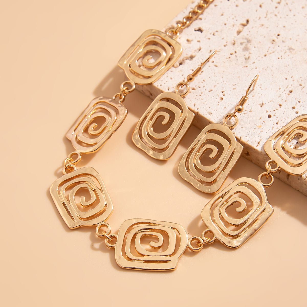 Geometric Gold Silver Plated Spiral Square Earrings Necklace Set