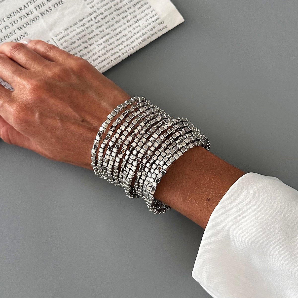 Geometric Gold Silver Square Beaded Bracelet Layered Two Tone - ArtGalleryZen