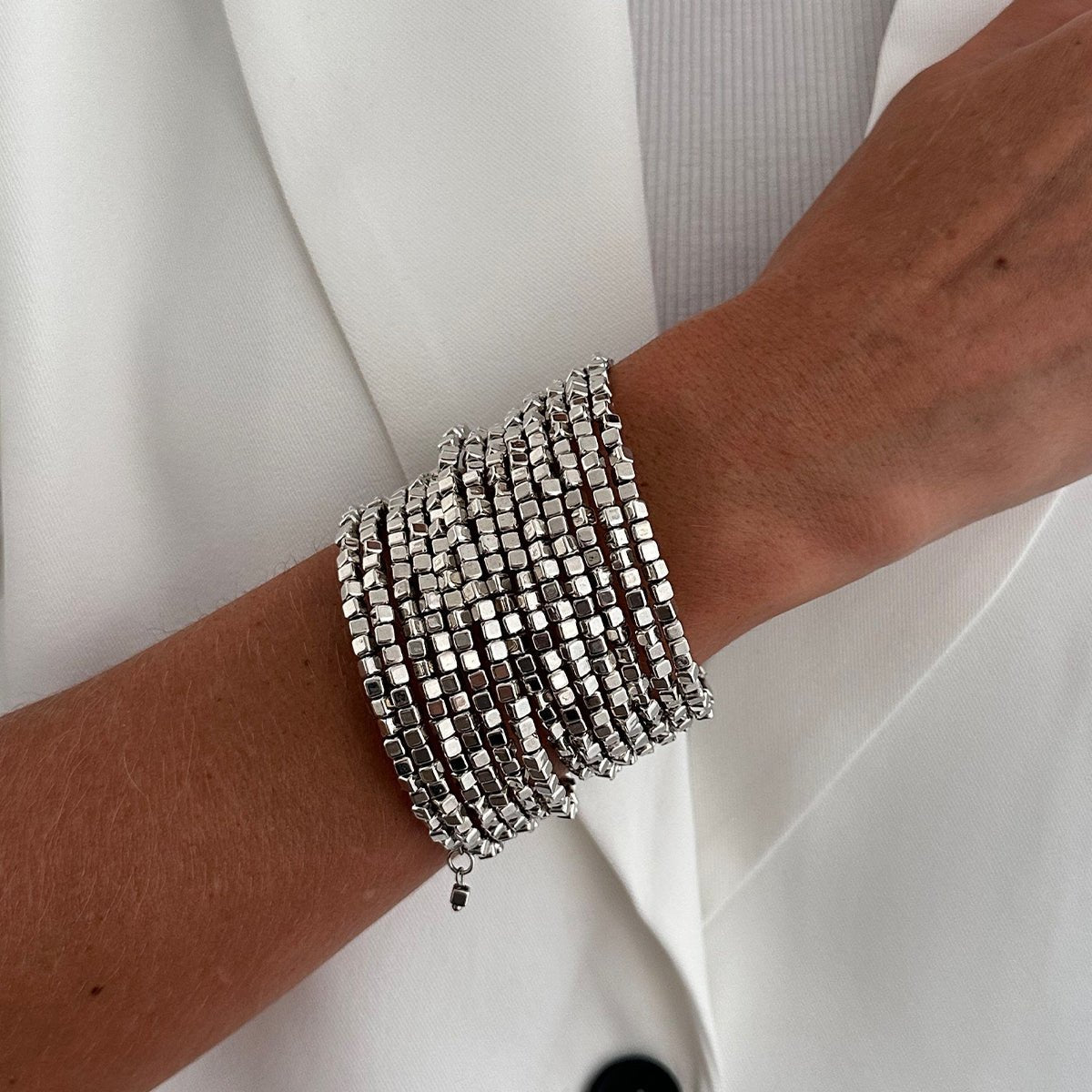 Geometric Gold Silver Square Beaded Bracelet Layered Two Tone - ArtGalleryZen