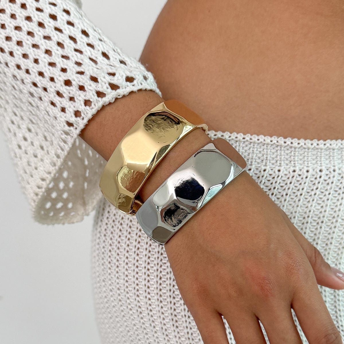 Geometric Gold Silver Tone Cut Surface Bangle Bracelet - ArtGalleryZen