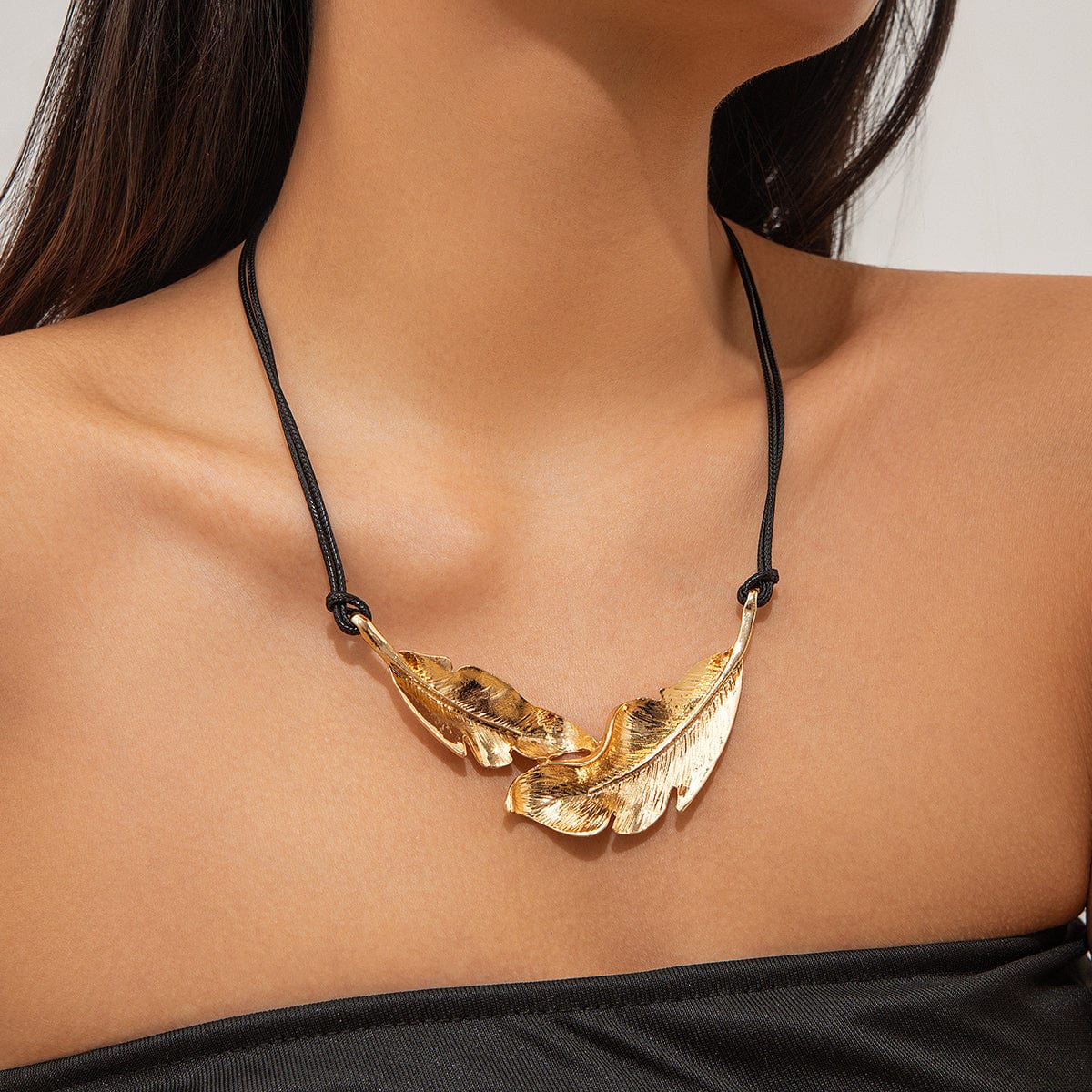 Geometric Gold Silver Tone Feather Charm Wax Cord String Necklace - ArtGalleryZen