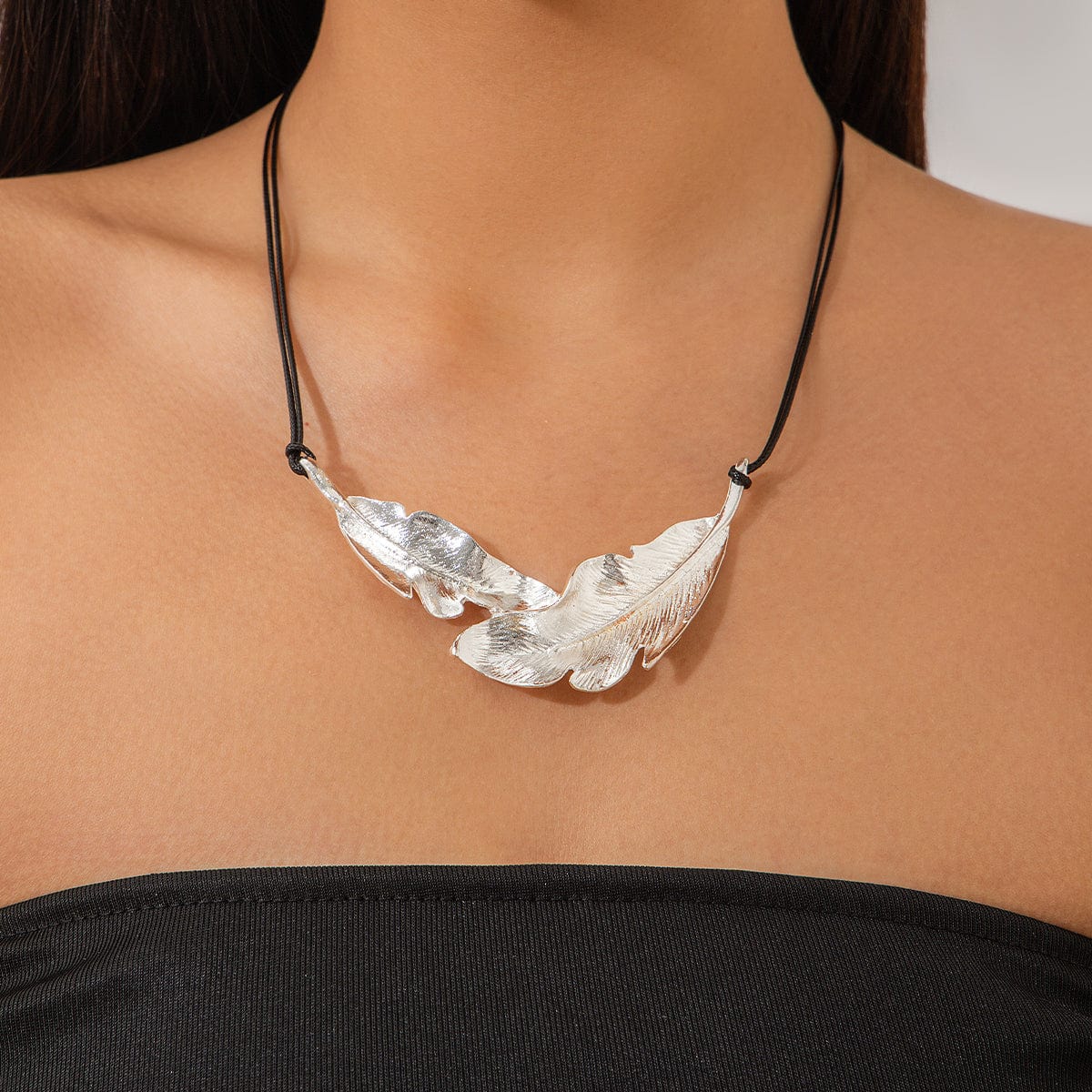 Geometric Gold Silver Tone Feather Charm Wax Cord String Necklace - ArtGalleryZen