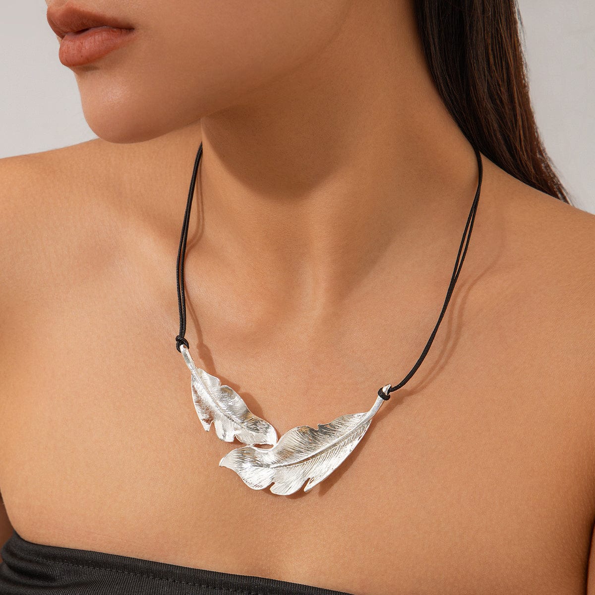 Geometric Gold Silver Tone Feather Charm Wax Cord String Necklace - ArtGalleryZen