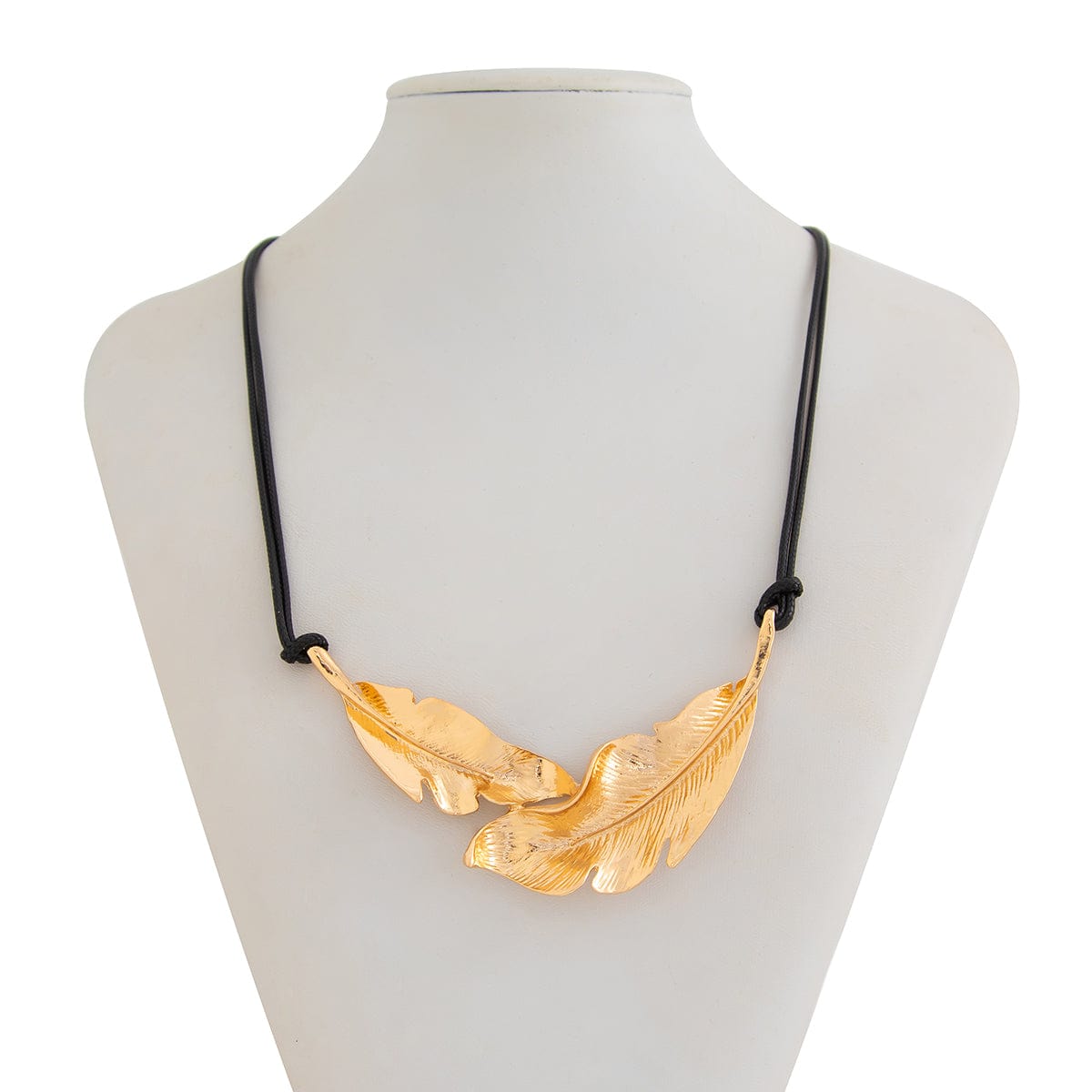 Geometric Gold Silver Tone Feather Charm Wax Cord String Necklace