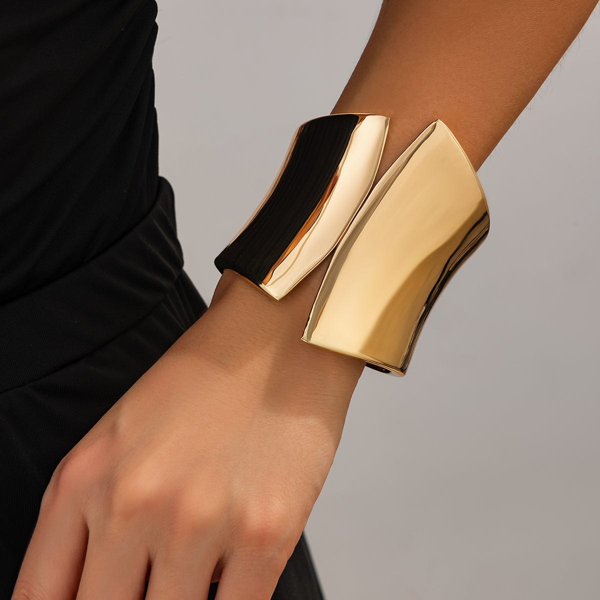 Geometric Gold Silver Tone Glossy Wide Cuff Bangle Bracelet - ArtGalleryZen