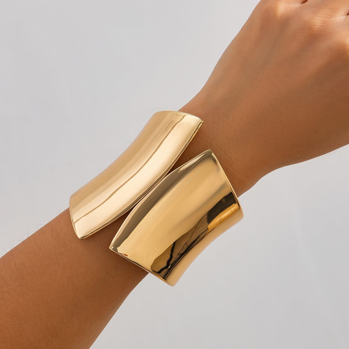 Geometric Gold Silver Tone Glossy Wide Cuff Bangle Bracelet - ArtGalleryZen