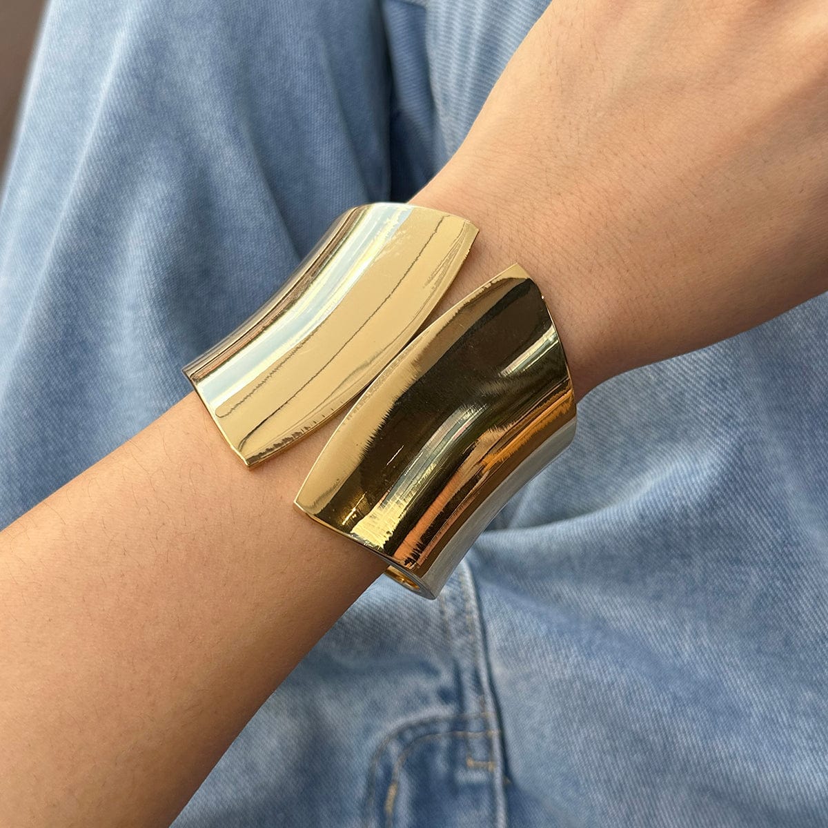 Geometric Gold Silver Tone Glossy Wide Cuff Bangle Bracelet