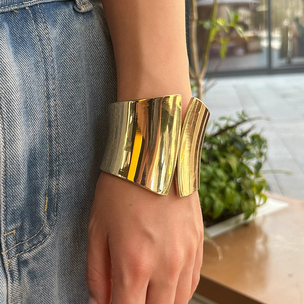 Geometric Gold Silver Tone Glossy Wide Cuff Bangle Bracelet