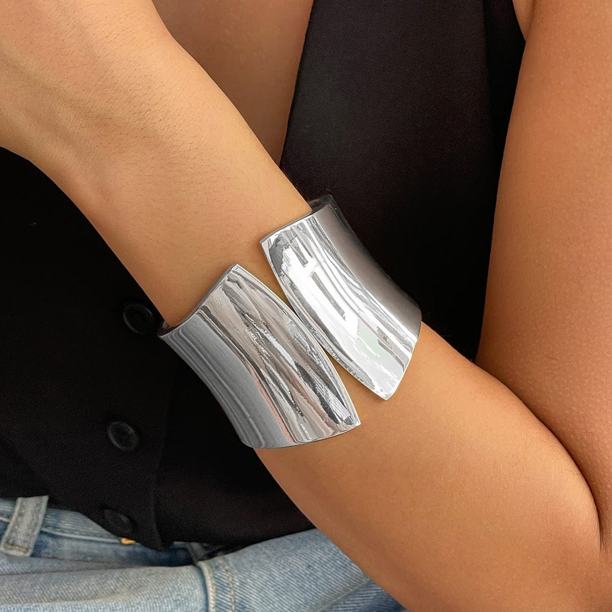 Geometric Gold Silver Tone Glossy Wide Cuff Bangle Bracelet