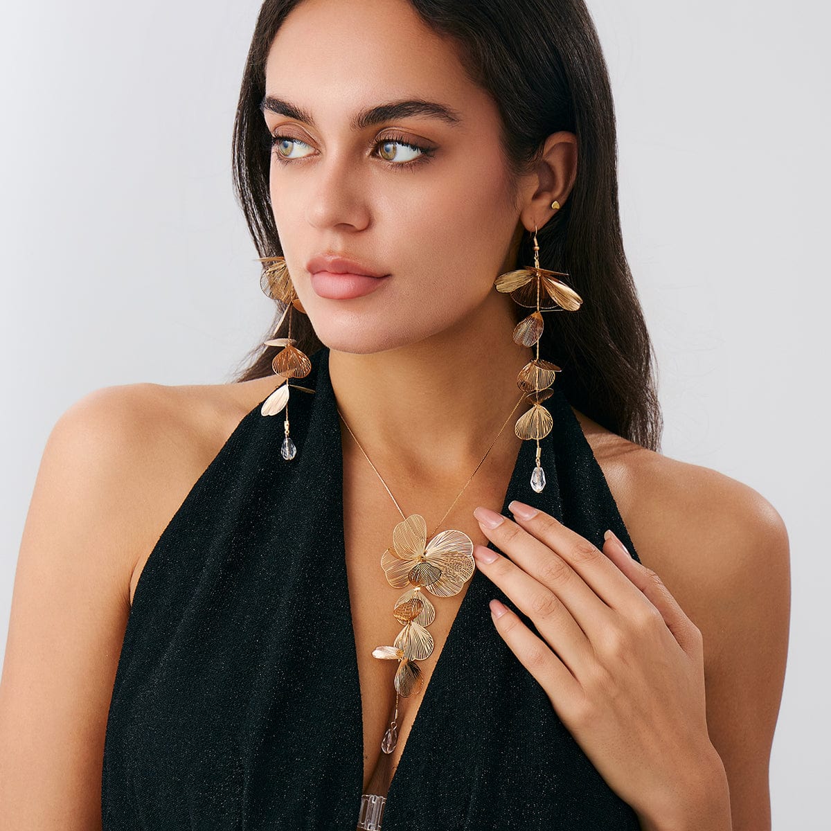 Geometric Gold Silver Tone Leaf Crystal Pendant Y Necklace Earrings Set - ArtGalleryZen