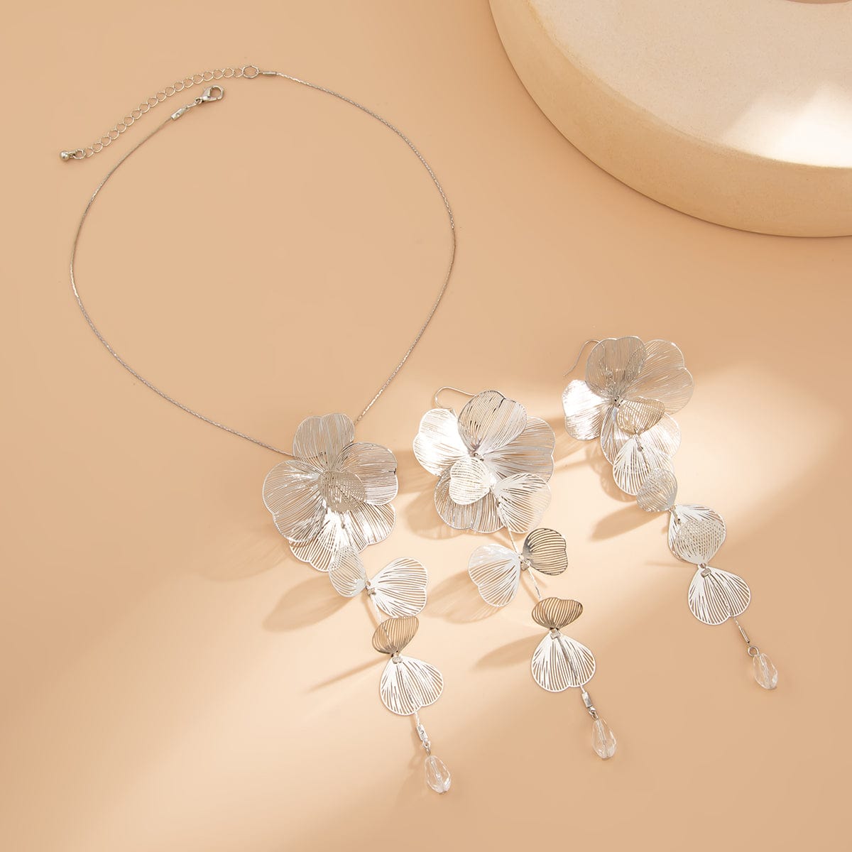 Geometric Gold Silver Tone Leaf Crystal Pendant Y Necklace Earrings Set - ArtGalleryZen