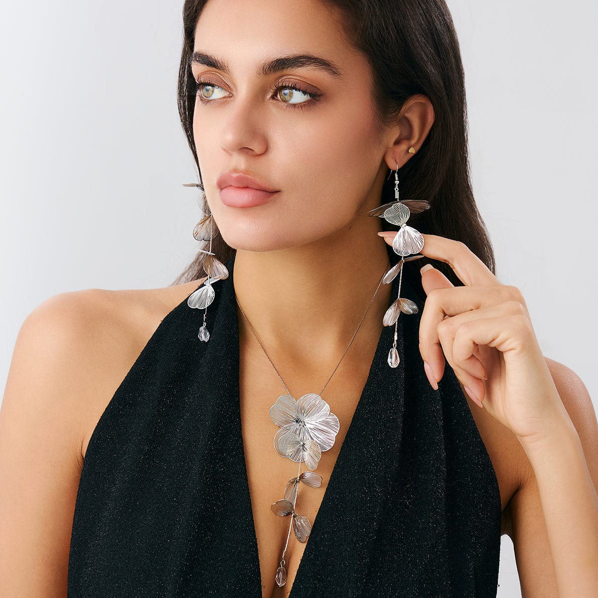 Geometric Gold Silver Tone Leaf Crystal Pendant Y Necklace Earrings Set - ArtGalleryZen