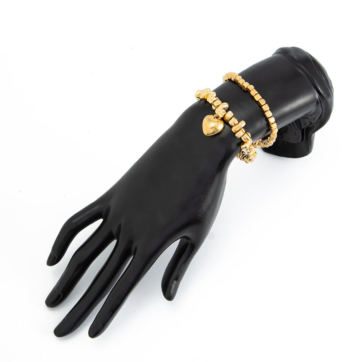 Geometric Heart Pendant Square Beaded Bracelet Set Gold Silver - ArtGalleryZen