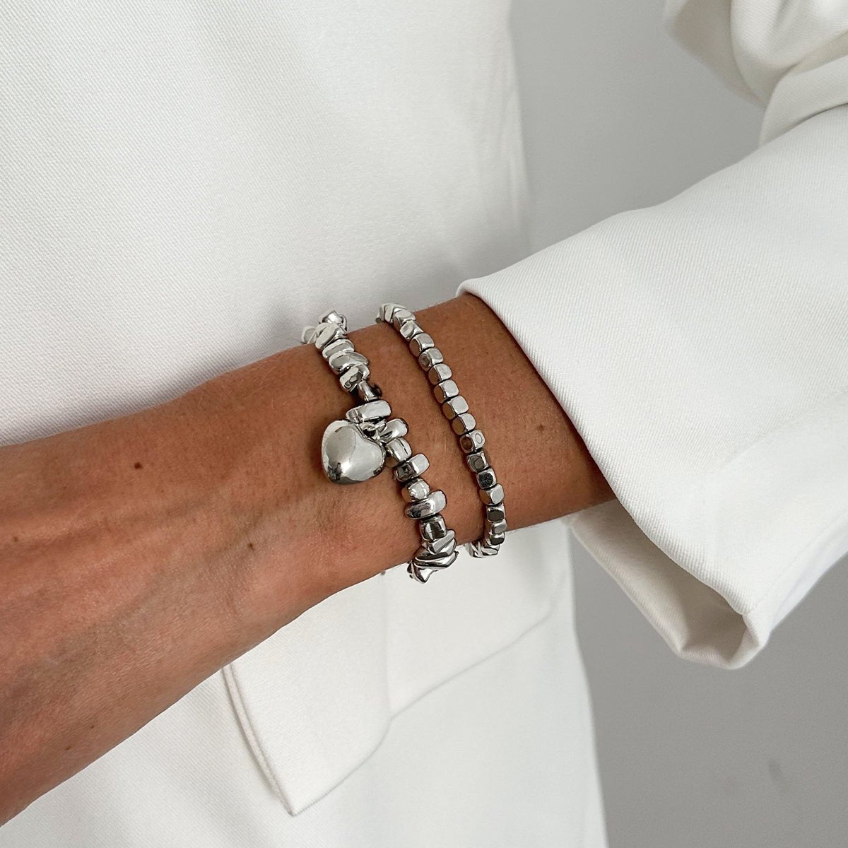 Geometric Heart Pendant Square Beaded Bracelet Set Gold Silver - ArtGalleryZen