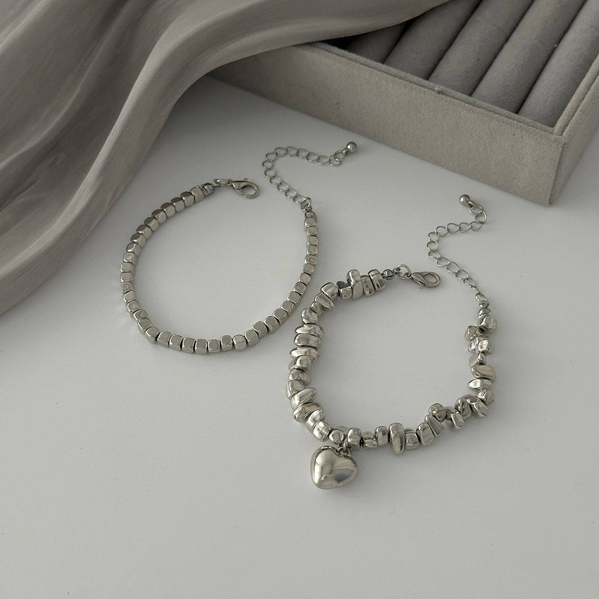 Geometric Heart Pendant Square Beaded Bracelet Set Gold Silver - ArtGalleryZen