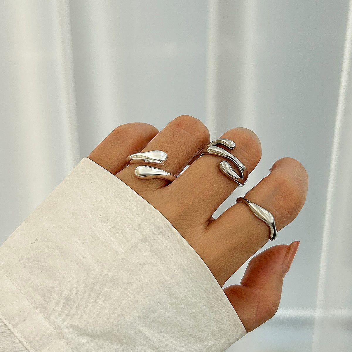 Geometric Irregular Flow Waterdrop Open Ring Set - ArtGalleryZen