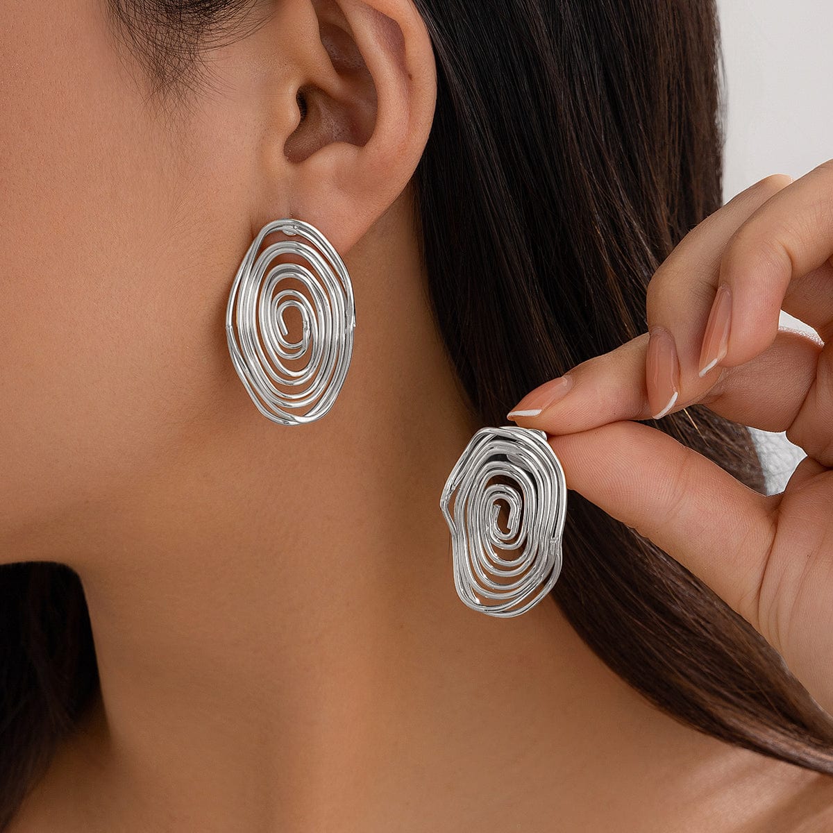 Geometric Irregular Spiral Oval Stud Earrings