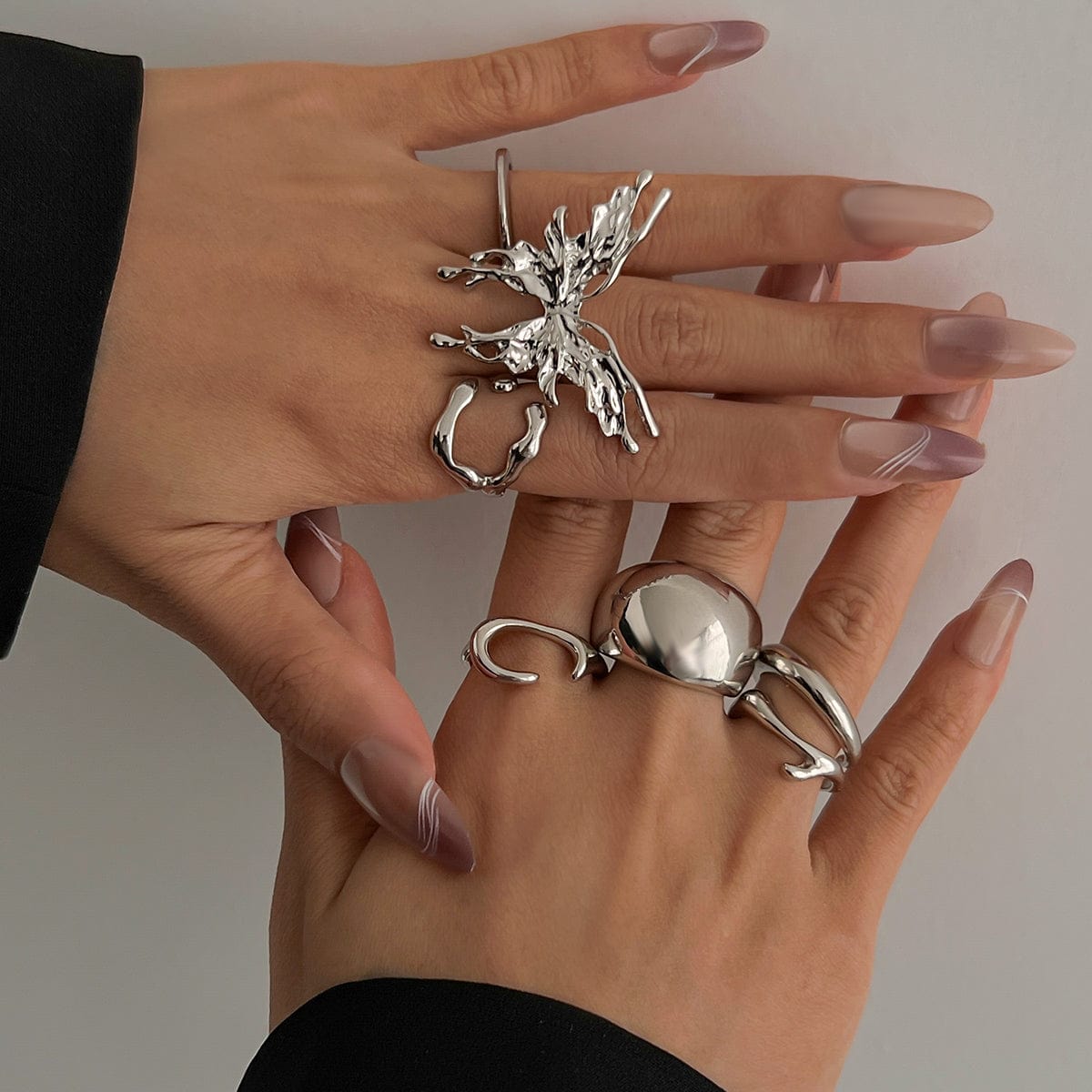 Geometric Liquid Butterfly Stackable Open Ring Set - ArtGalleryZen