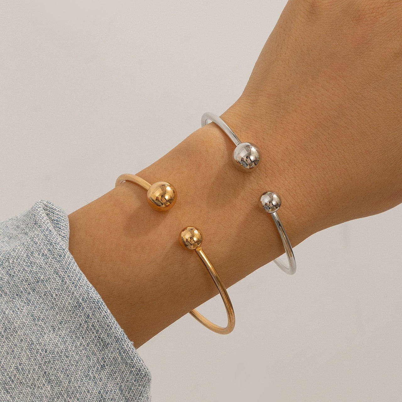 Geometric Minimalist  Duo Ball Open Cuff Bangle Bracelet