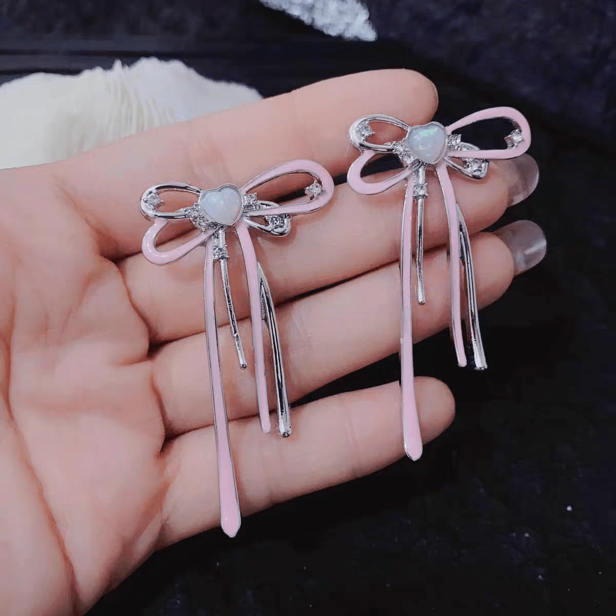 Geometric Pink Ribbon Dangle Earrings - ArtGalleryZen