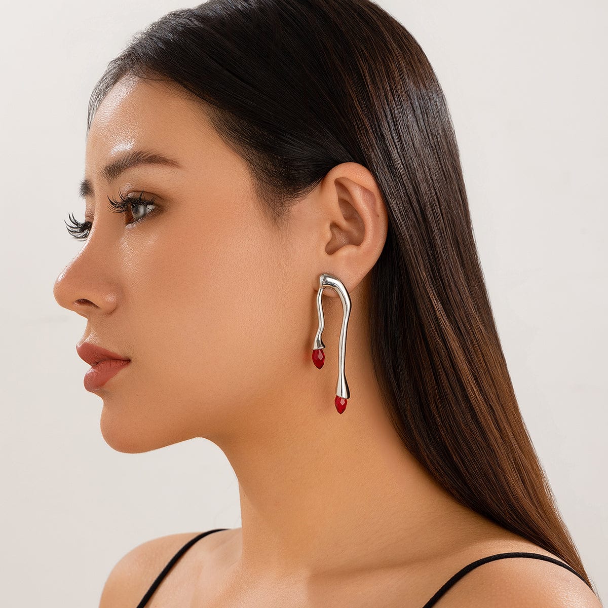 Geometric Silver Plated Red Crystal Flow Lava Earrings