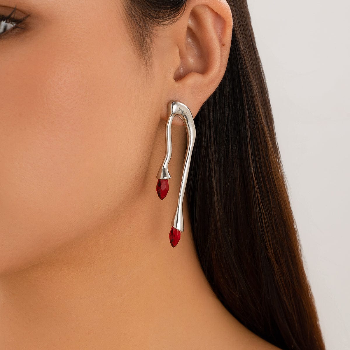 Geometric Silver Plated Red Crystal Flow Lava Earrings