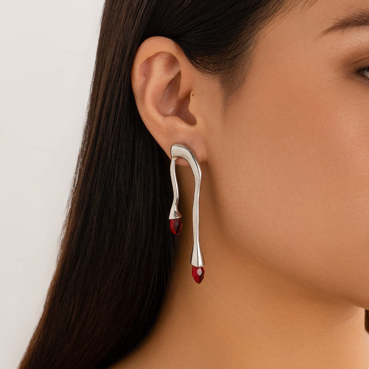 Geometric Silver Plated Red Crystal Flow Lava Earrings