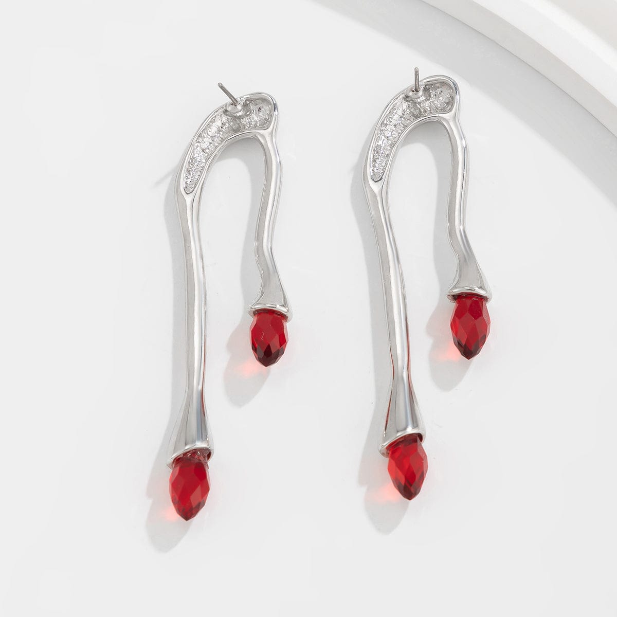 Geometric Silver Plated Red Crystal Flow Lava Earrings